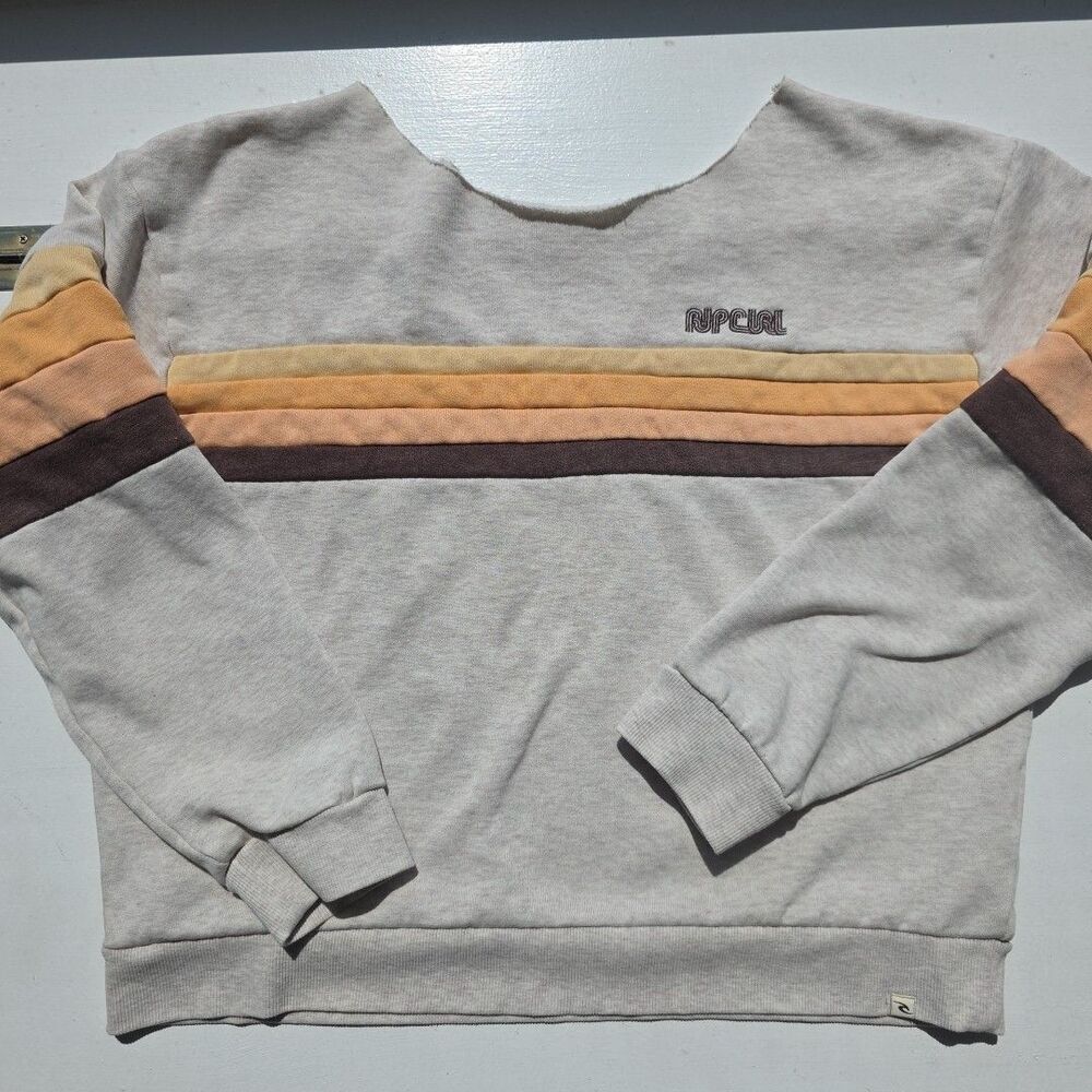 Rip Curl Sweatshirt 80s Style Embroidered Logo Beige Orange Wide Neck M Surf